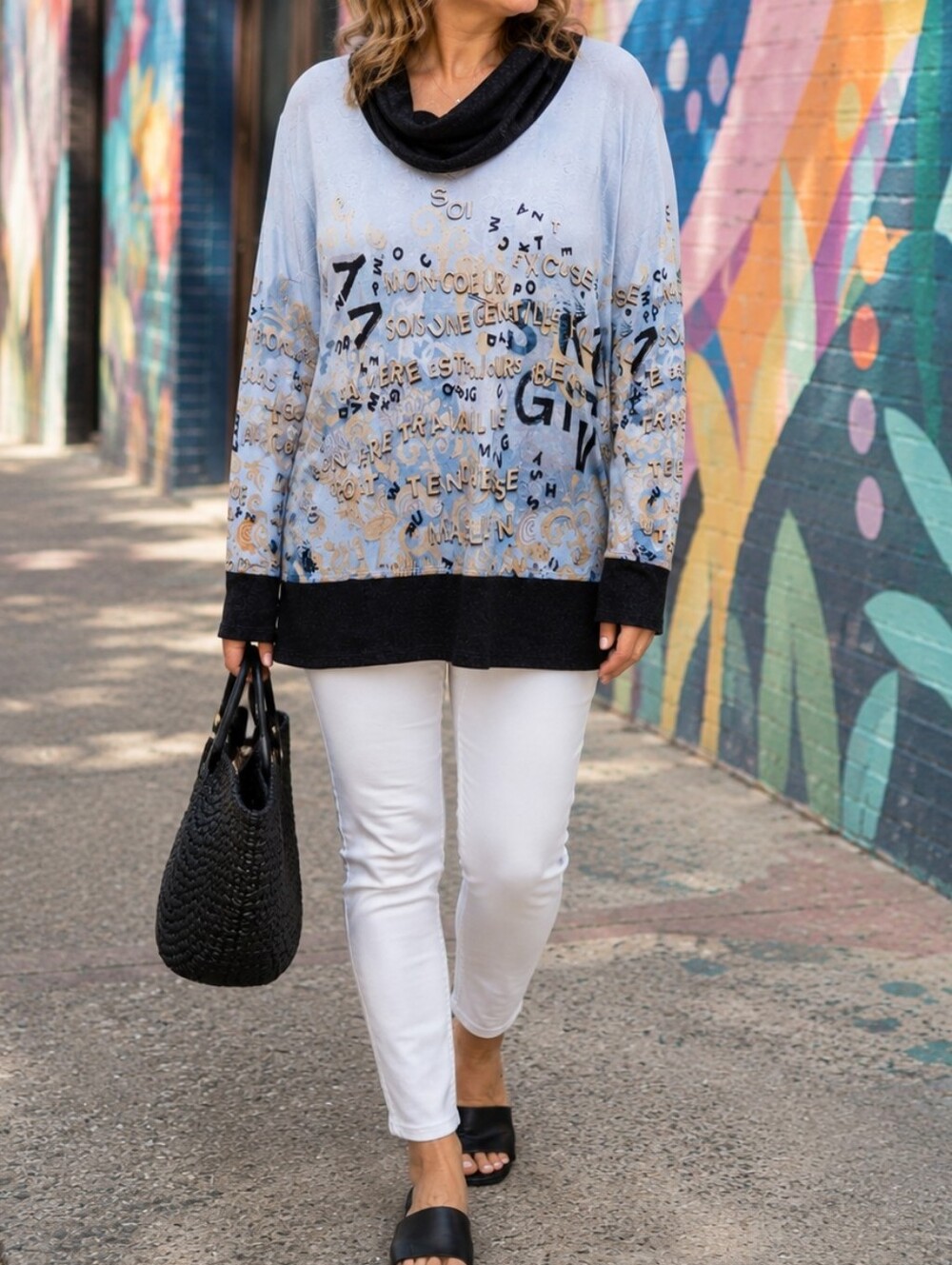 NWT Dolcezza Abstract Graphic Print Cowl Neck Tunic Top Stretchy Long Sleeve